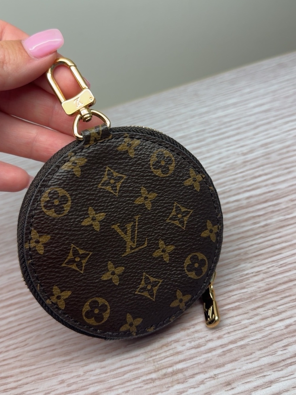 Inspired Monogram Round Coin Pouch in Brown and Gold Hardware - Picture 3 of 4